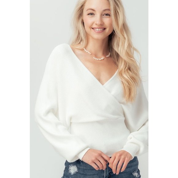 NEW White Wrap V Neck Dolman Sleeves Cozy Sweater - Picture 2 of 12